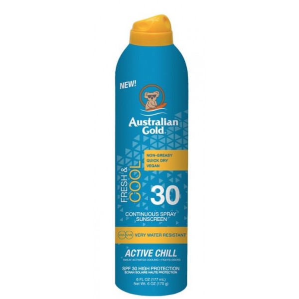 Australian Gold Active Chill SPF30 Continuous Spray Sunscreen, 237 ml.